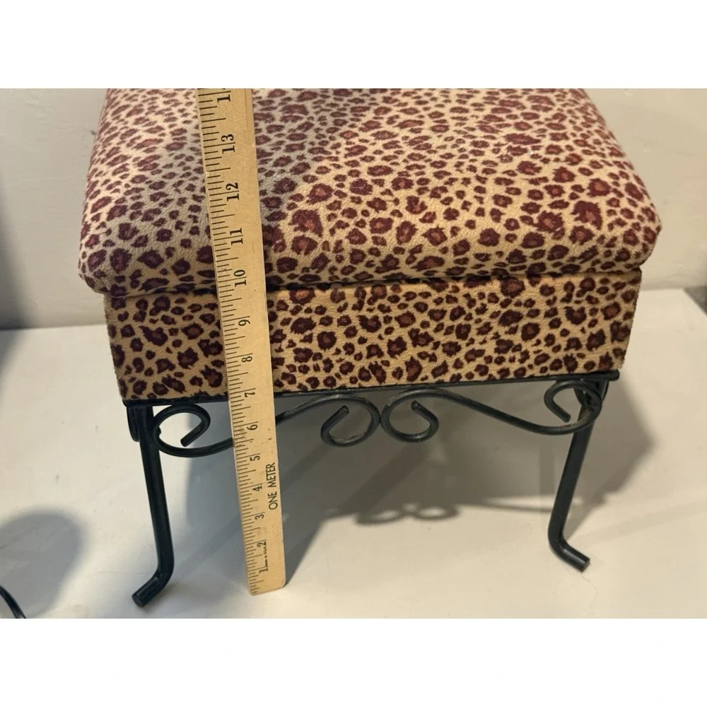 Vintage Leopard Velvet Foot Stool‎ Ottoman with Wrough Iron Legs 11
